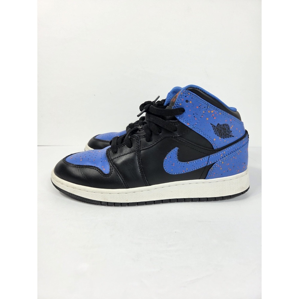 Air Jordan 1 Mid Blue OrangPaint Splatter Black Royal Kids Sz 7 y = Women 8.5